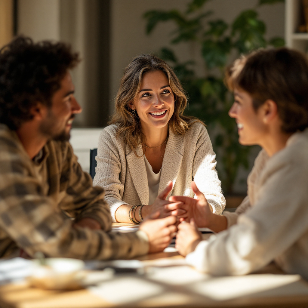 Small group leadership workshop or facilitated discussion in a modern, light-filled workspace.