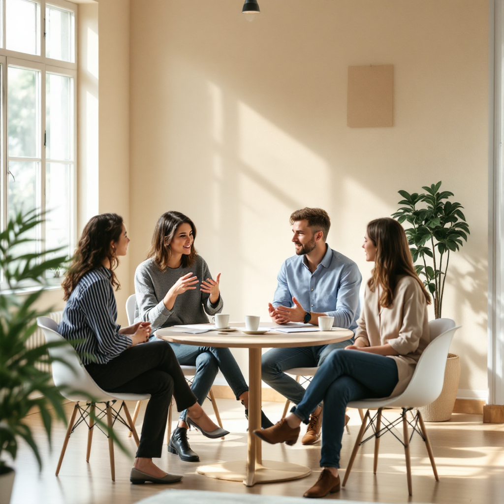 Small group leadership workshop or facilitated discussion in a modern, light-filled workspace.