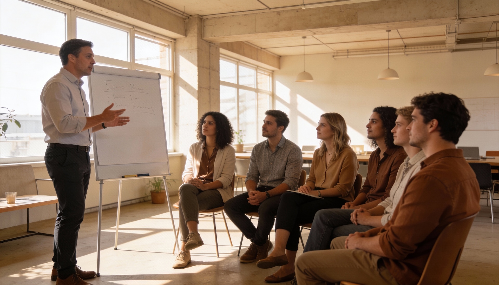 Small group leadership workshop or facilitated discussion in a modern, light-filled workspace.