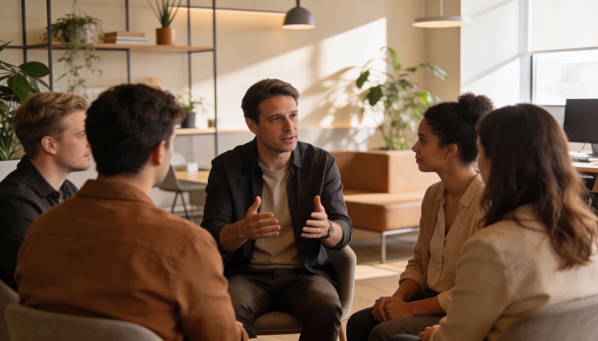 Small group leadership workshop or facilitated discussion in a modern, light-filled workspace.