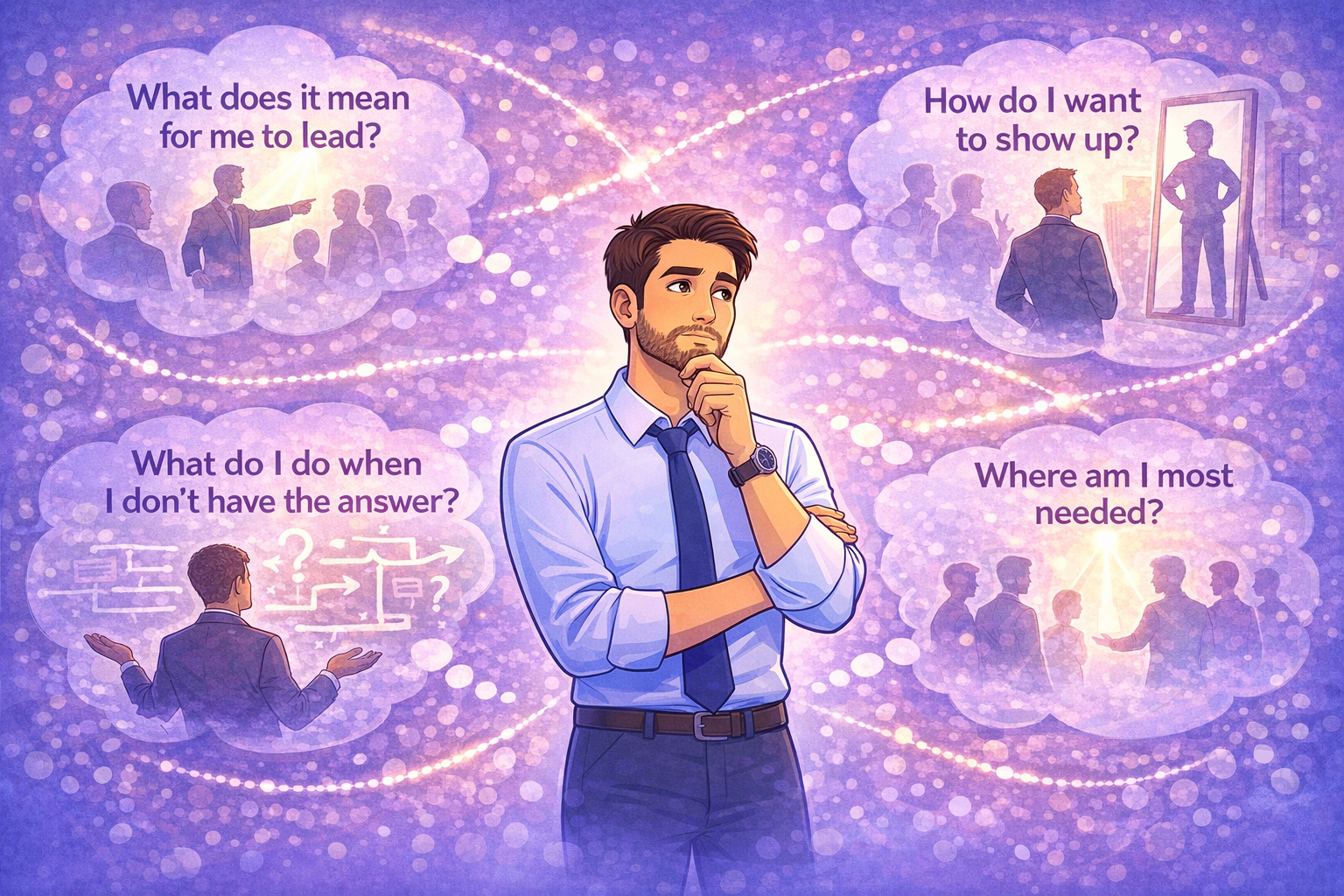 Small group leadership workshop or facilitated discussion in a modern, light-filled workspace.