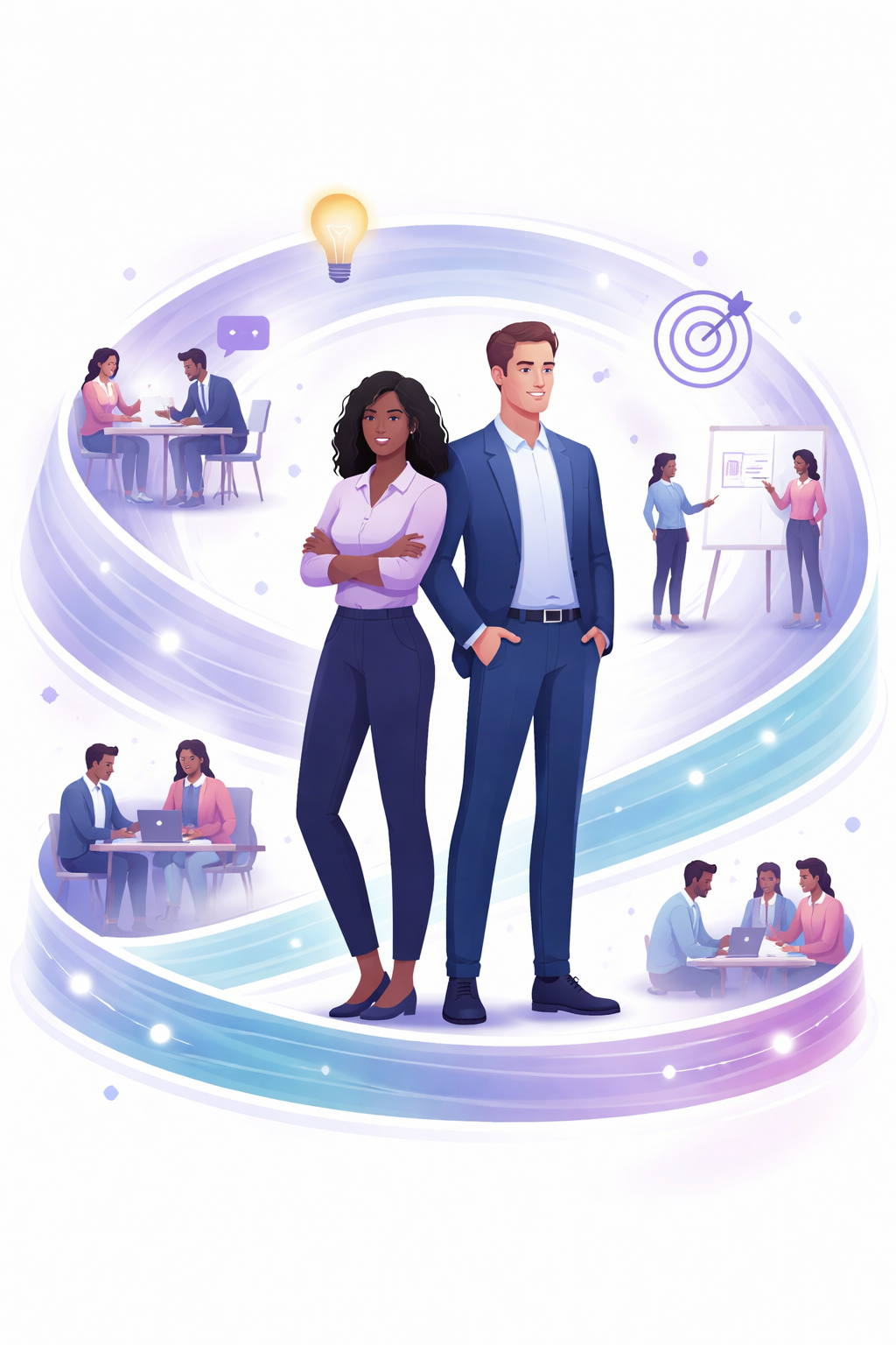 Small group leadership workshop or facilitated discussion in a modern, light-filled workspace.